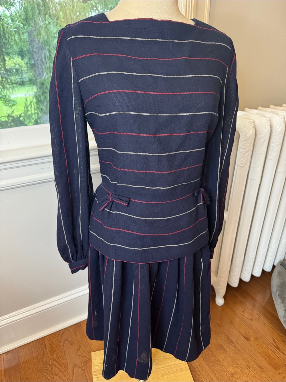 Vintage Pauline Trigere navy striped skirt set